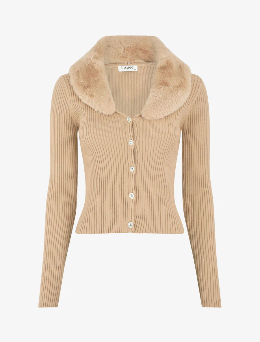 Geribd vest met bontkraag - Taupe