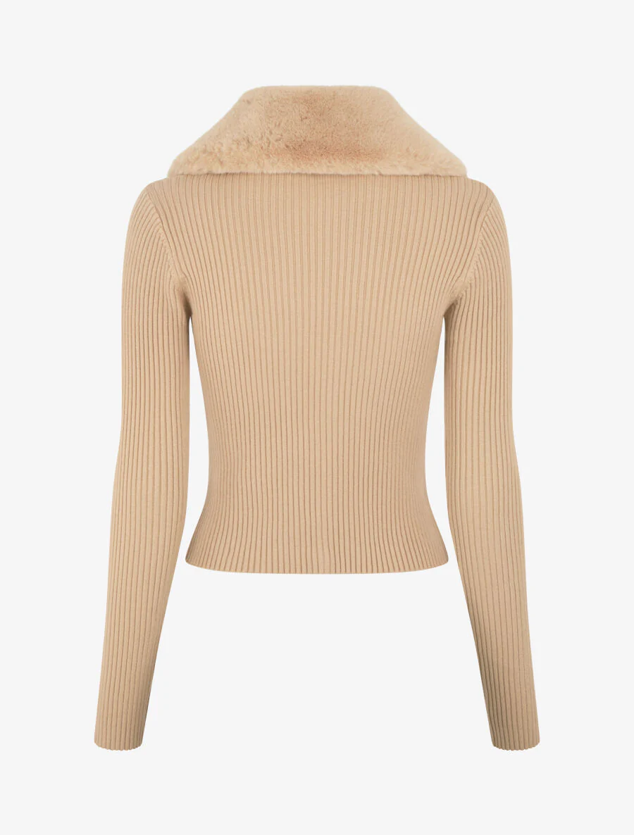 Geribd vest met bontkraag - Taupe - Image 2