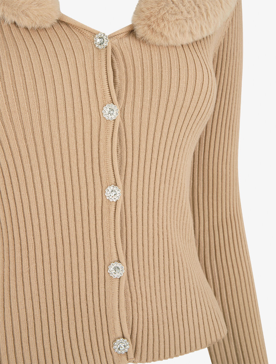 Geribd vest met bontkraag - Taupe - Image 3
