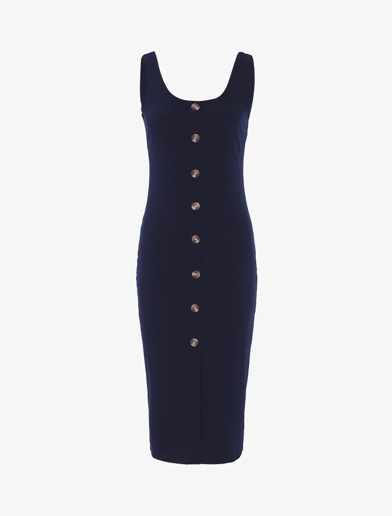Geribde jurk met knoopsluiting - marineblauw