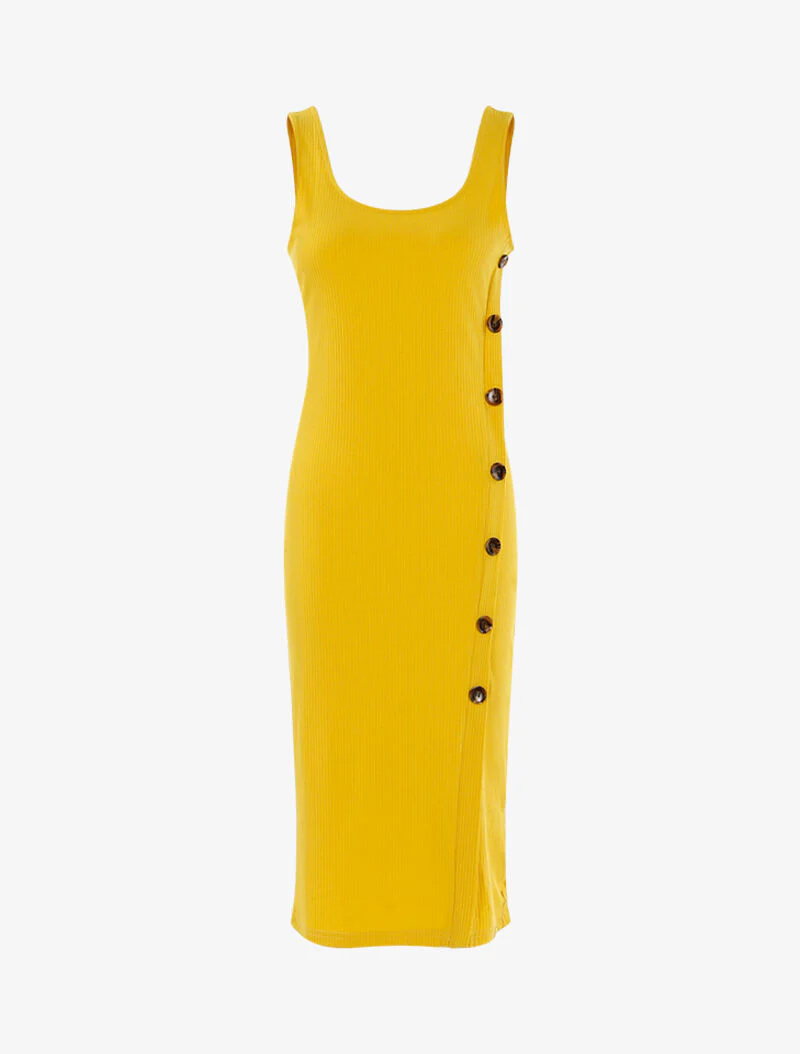 Geribde jurk met schuine knoopsluiting - geel