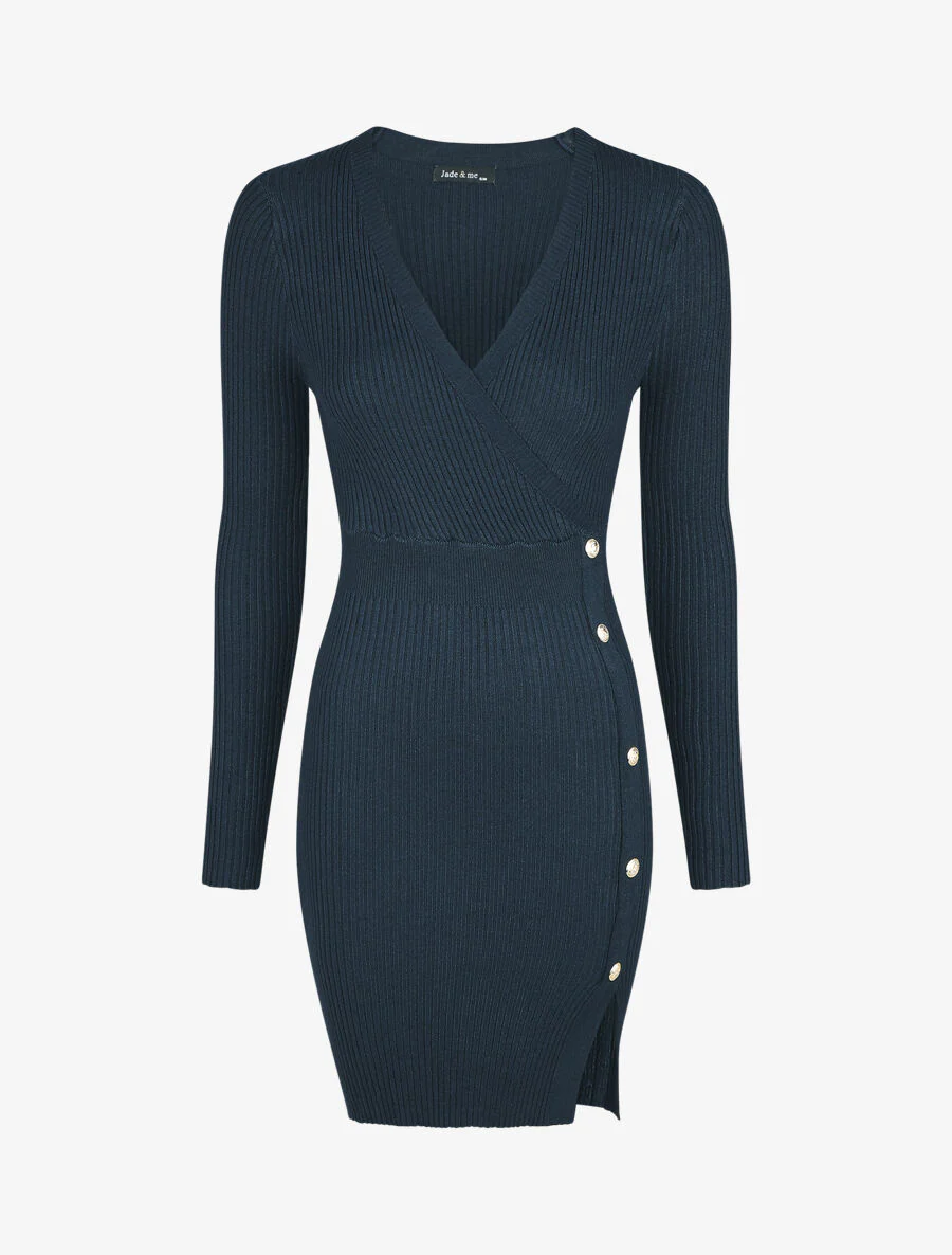 Geribde jurk met wikkelhals - Donkerblauw