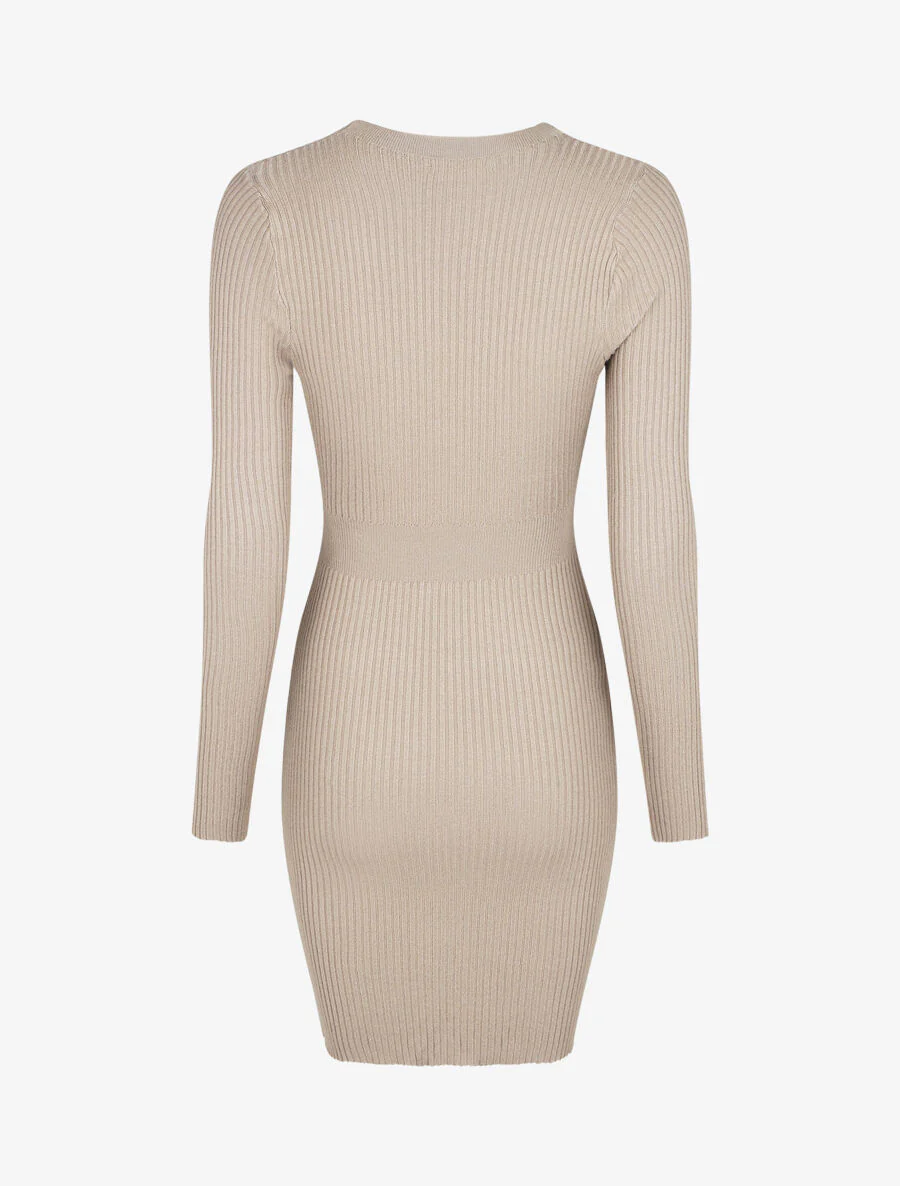 Geribde jurk met wikkelhals - Taupe - Image 2
