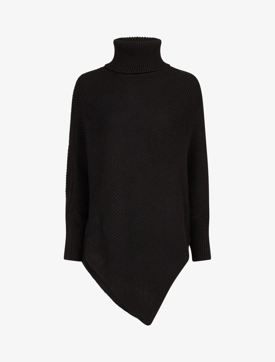 Geribde poncho met col - Zwart