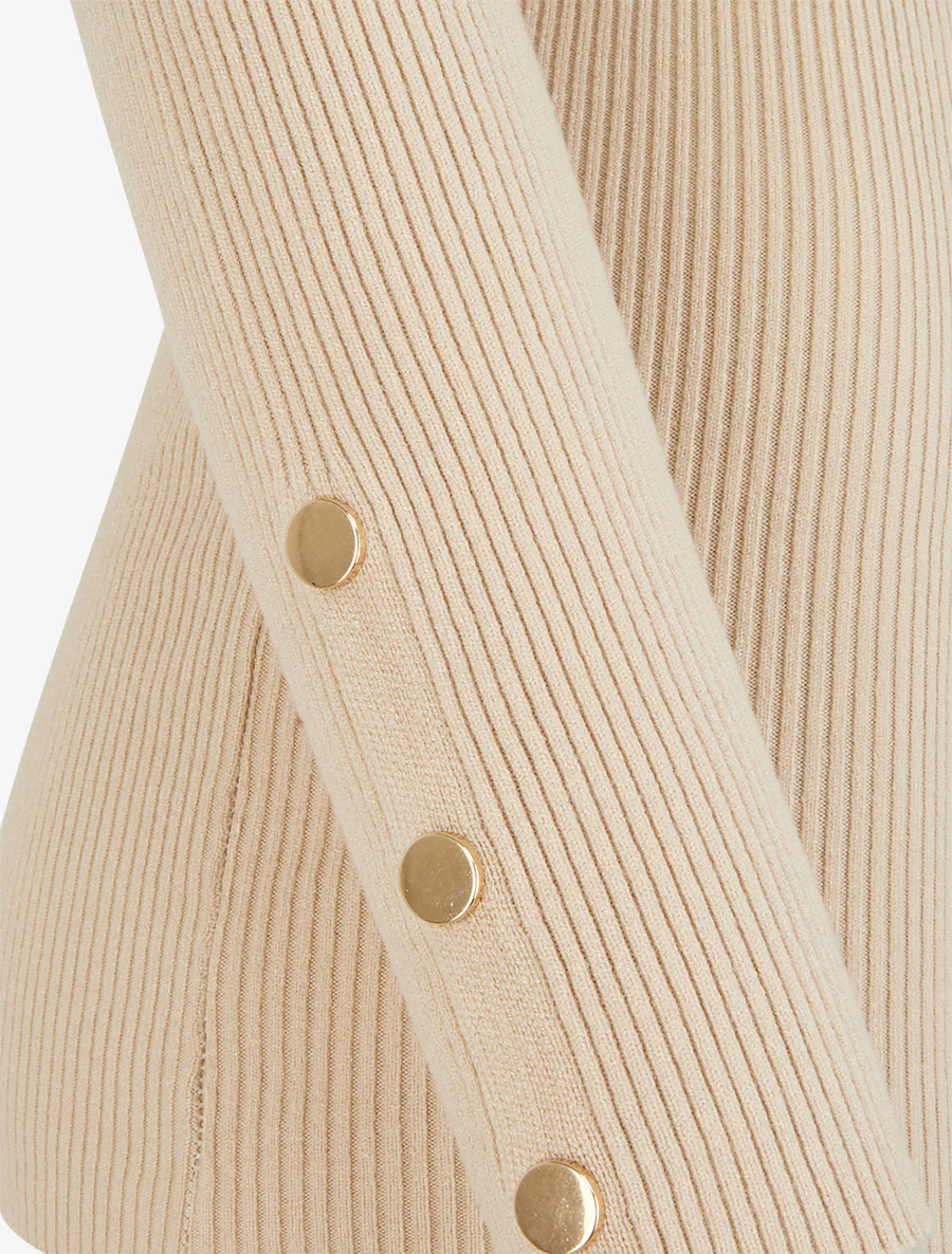 Geribde trui met opstaande kraag - Beige - Image 3
