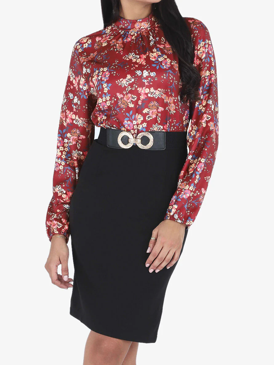 Gesatineerde jurk met bloemenprint - bordeaux
