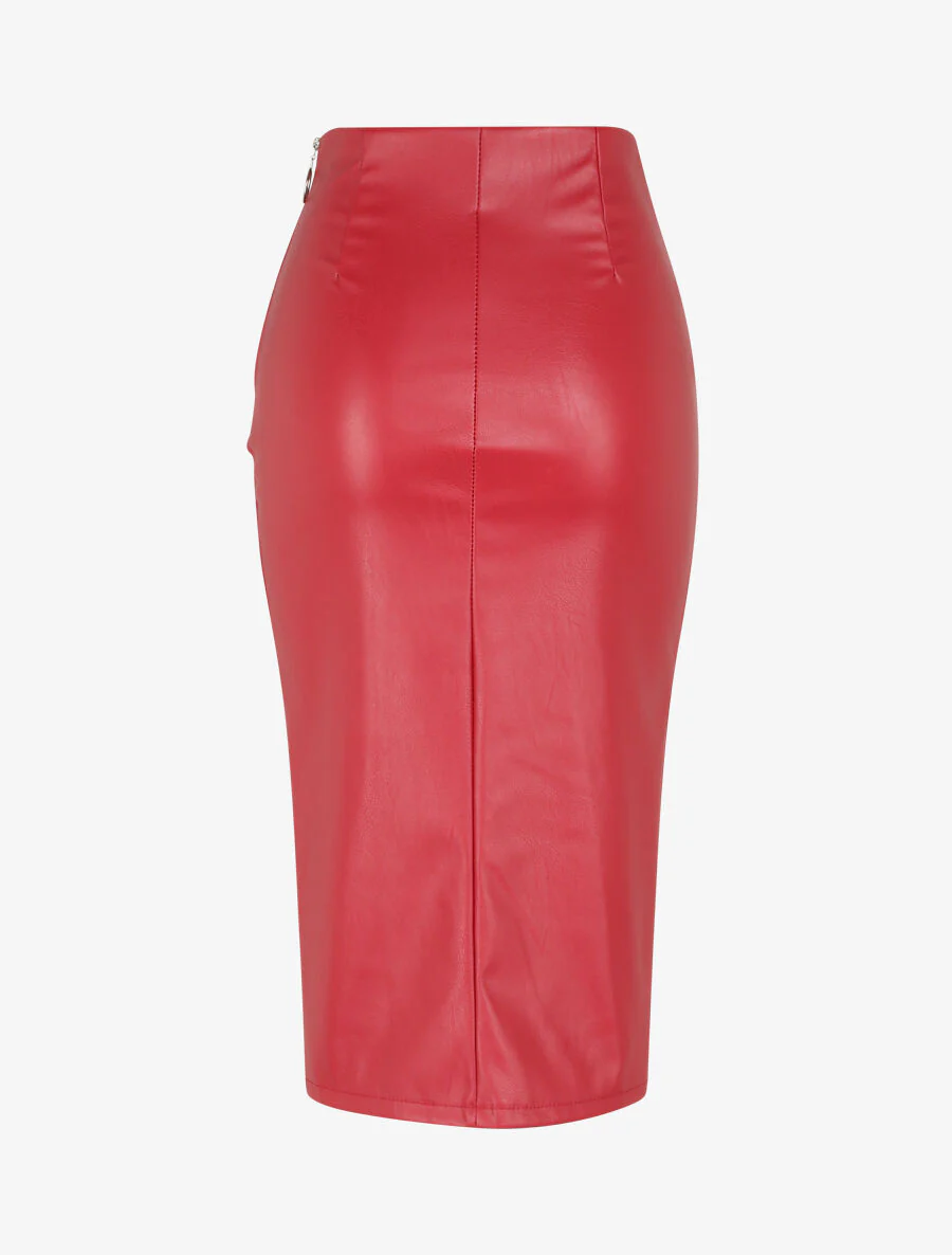 Gespleten en geplooide rok in imitatieleer - Rood - Image 2