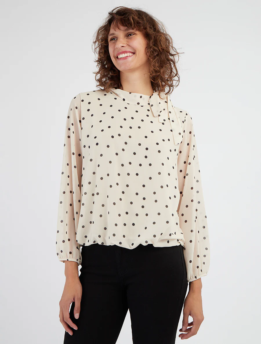 Gestippelde top met lavallièrekraag - Beige