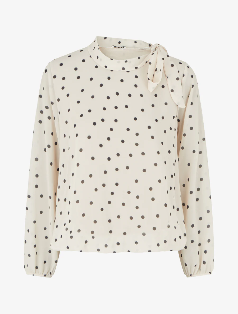 Gestippelde top met lavallièrekraag - Beige - Image 2