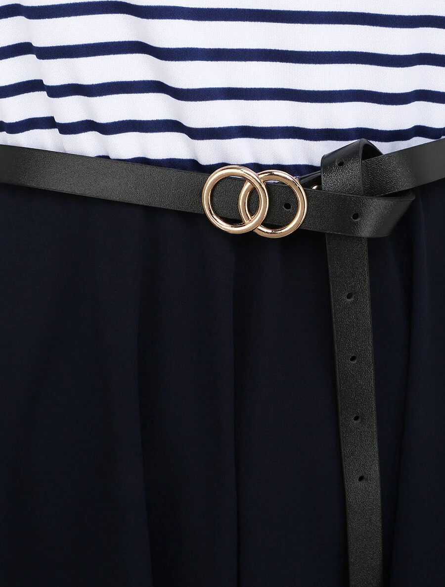 Gestreepte asymmetrische A-lijn jurk met ronde hals - Marineblauw - Image 3