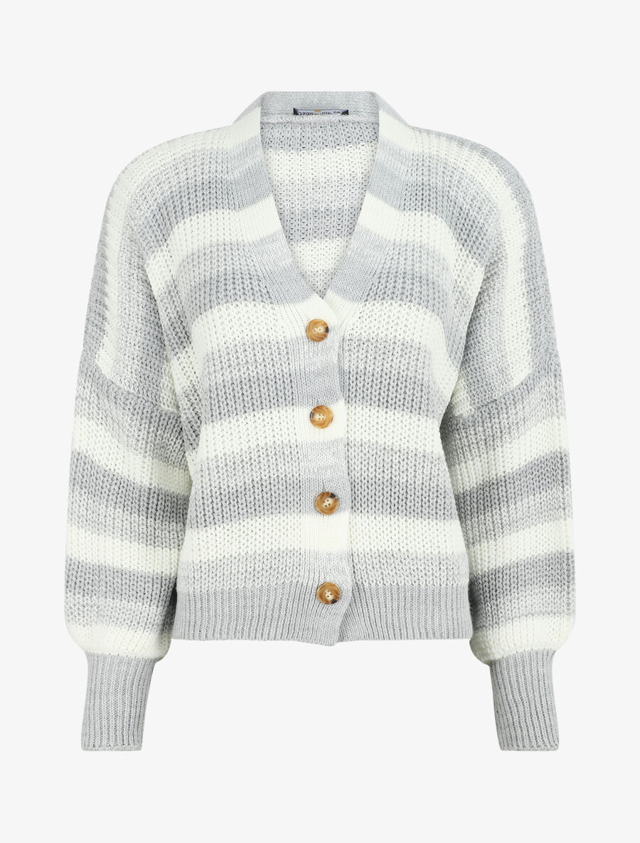 Gestreepte cardigan met geribbelde randen - Grijs