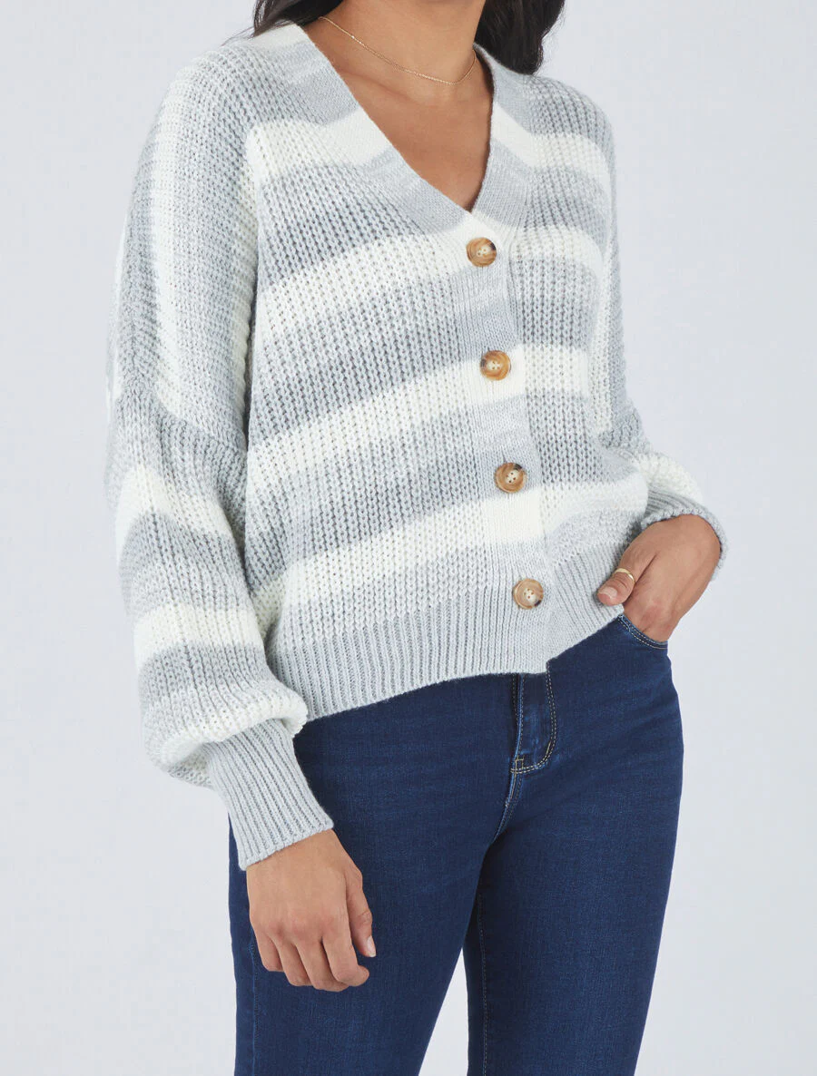 Gestreepte cardigan met geribbelde randen - Grijs - Image 4