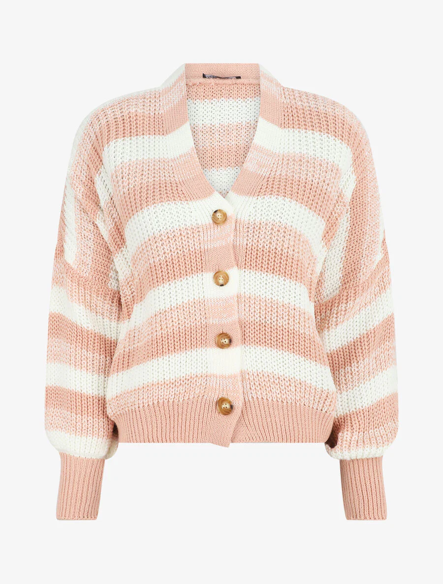 Gestreepte cardigan met geribbelde randen - Roze