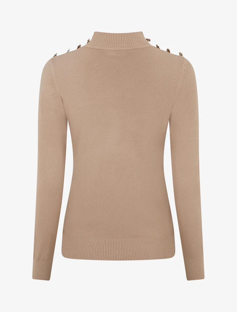 Getailleerde trui met opstaande kraag en knopen - Beige - Image 2