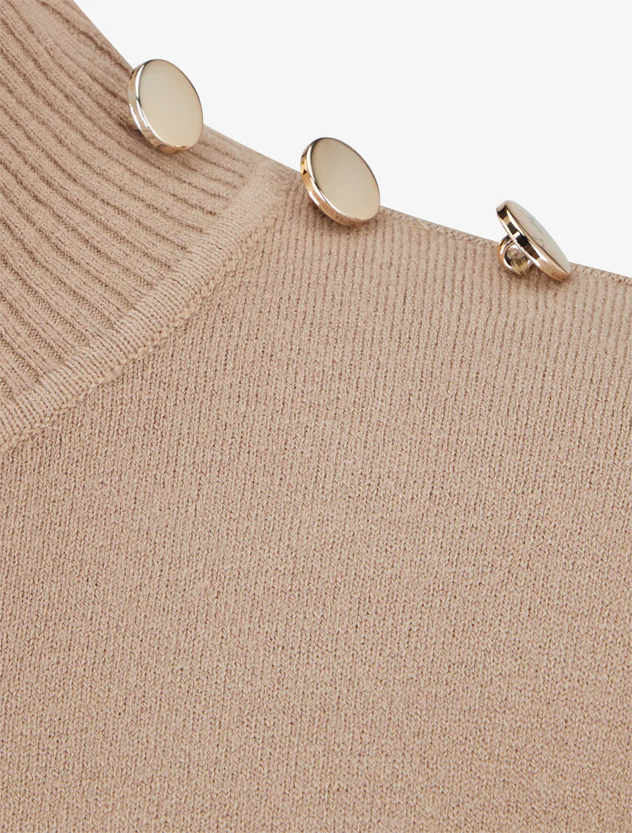 Getailleerde trui met opstaande kraag en knopen - Beige - Image 3
