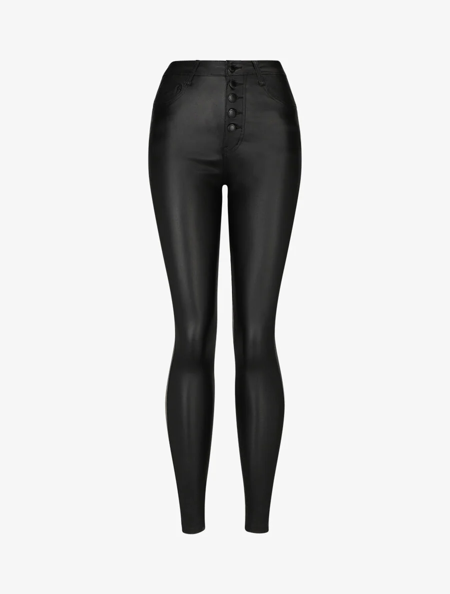 Gewaxte skinny push-up jeans met knopen - zwart