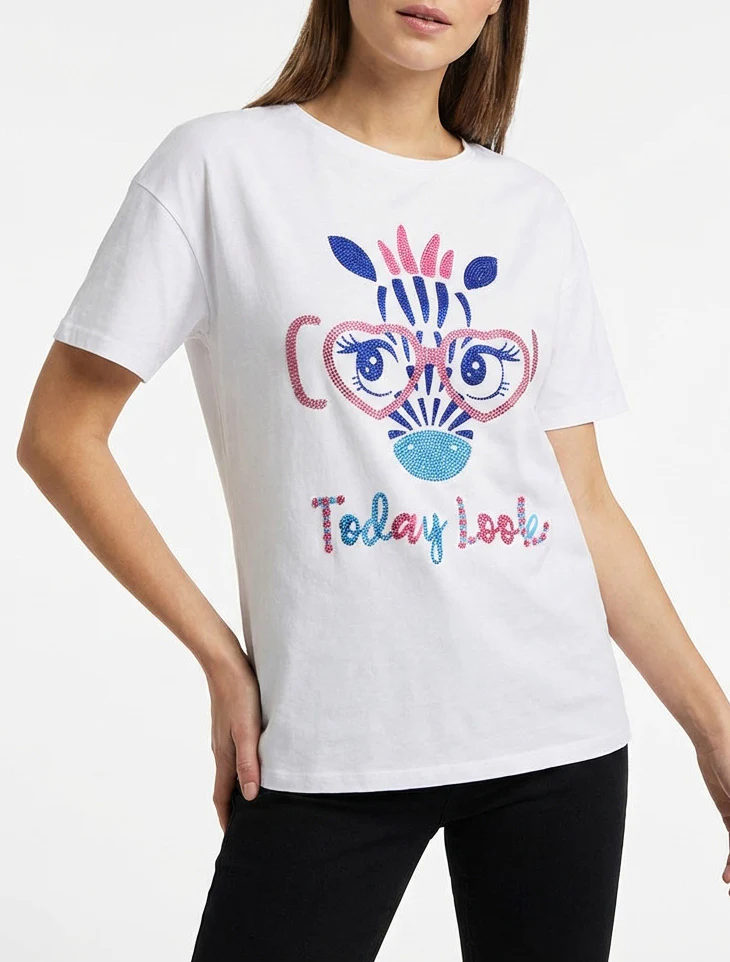 Giraffenprint T-shirt met strass - Wit - Image 4
