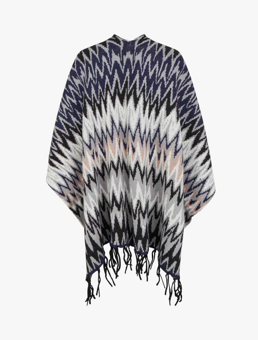 Grafisch bedrukte poncho met franjes - Zwart - Image 2