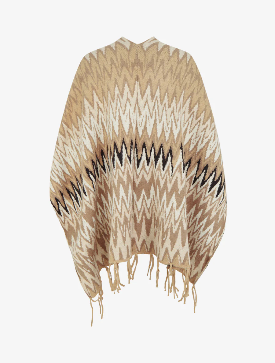 Grafisch bedrukte poncho met franjes - Kameel - Image 2