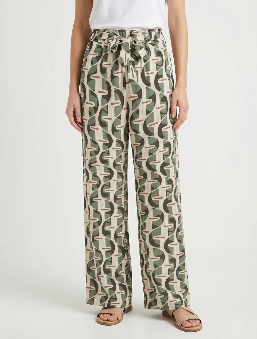 Grafische print elastische broek - Kaki - Image 4