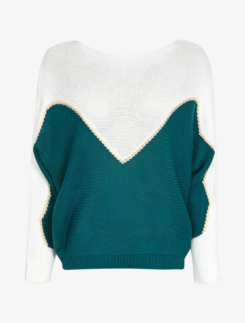 Grofgebreide trui met iriserend V-motief - Eendblauw