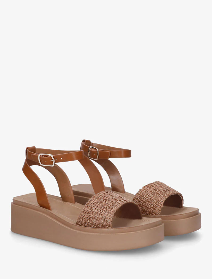 Halfhoge sleehaksandalen van gevlochten raffia - Kameel - Image 4