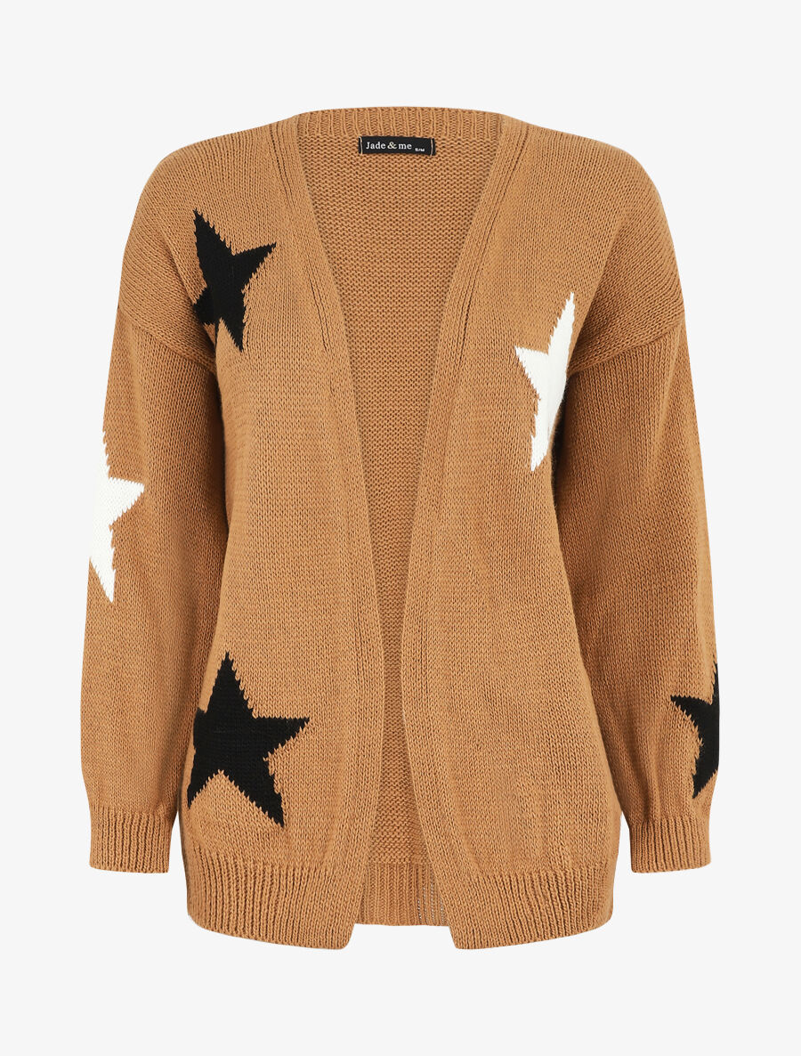 Halflang open vest met sterrenprint - Kameel