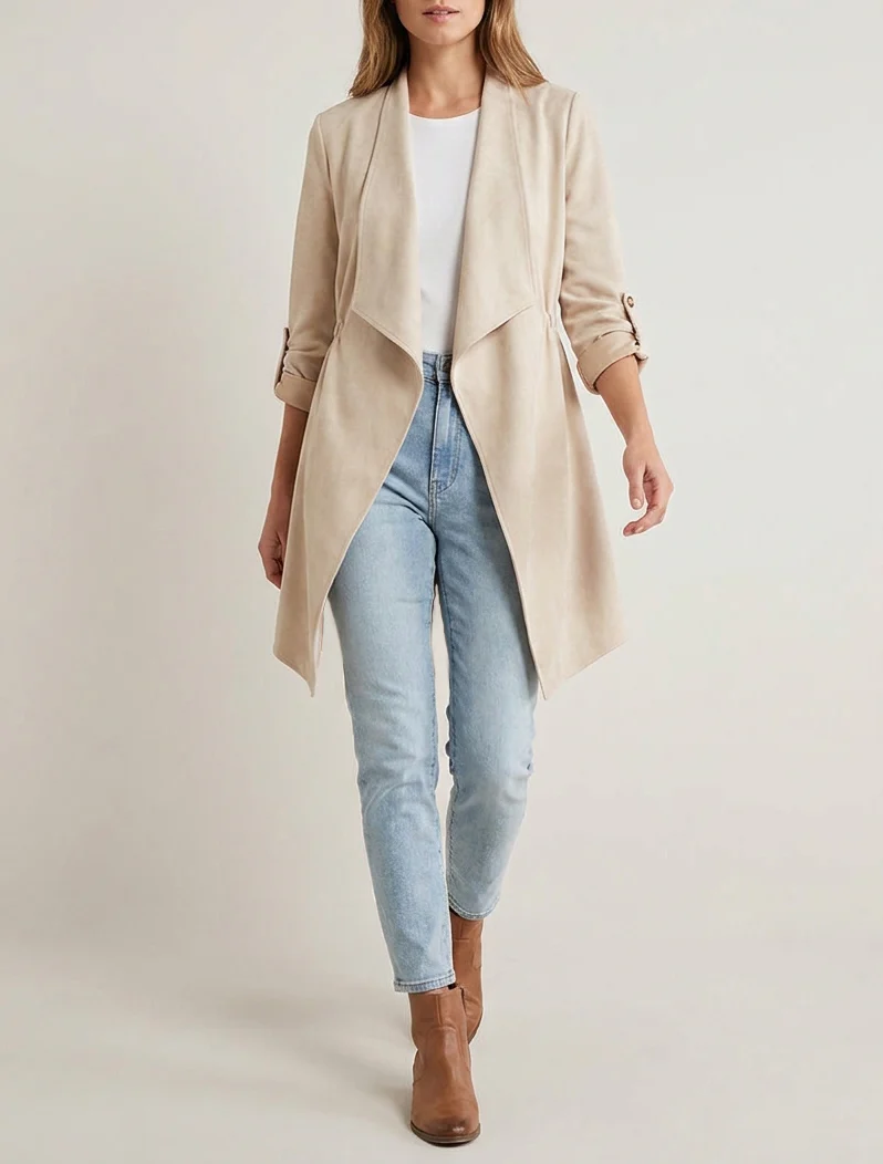 Halflange jas in suèdine - Beige - Image 4