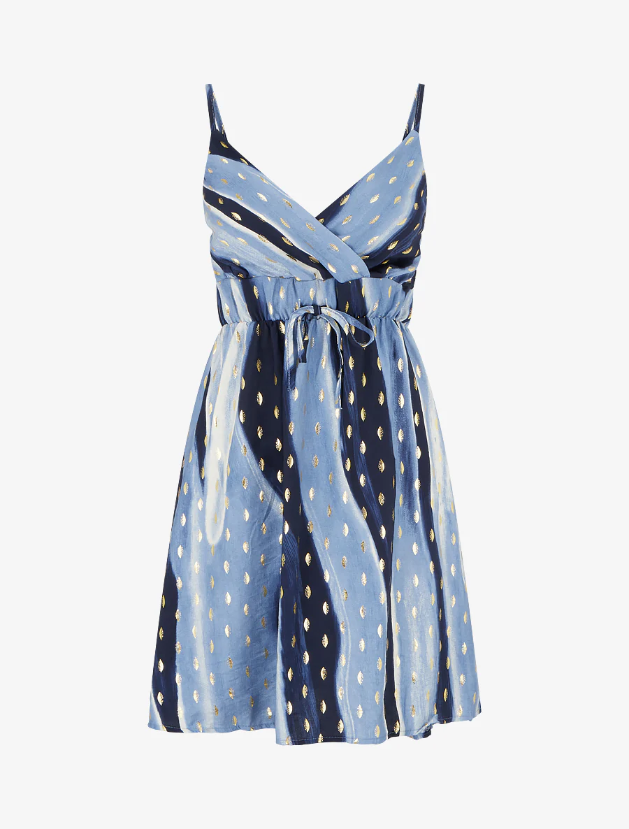 Halflange jurk met abstracte print en iriserend detail - Blauw
