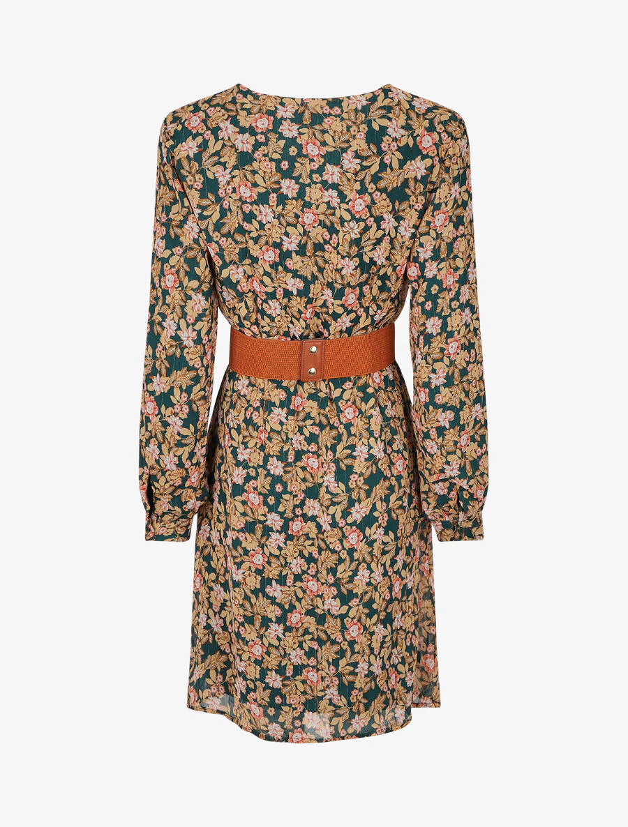 Halflange jurk met bloemenprint en iriserend detail - Groen - Image 2