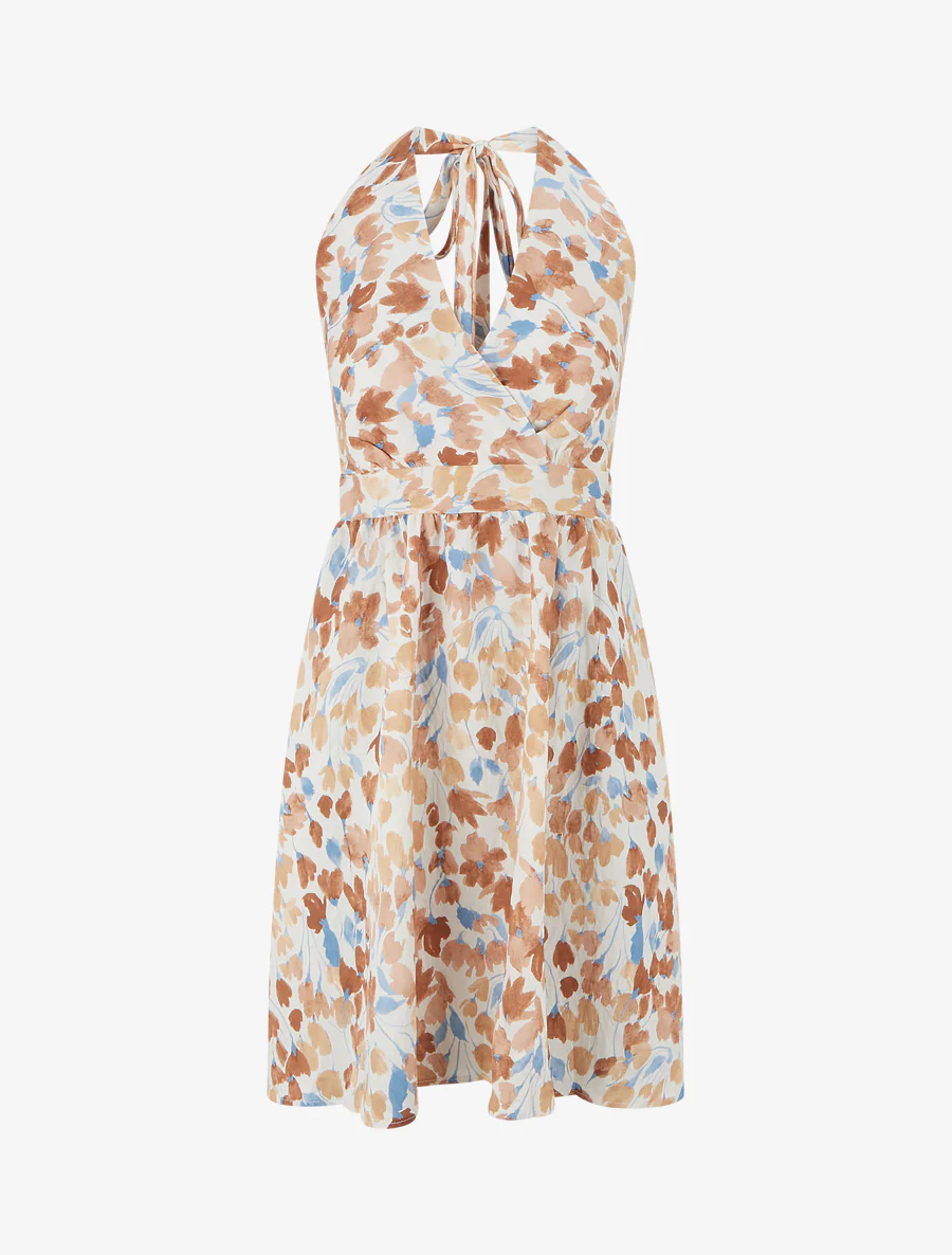 Halflange jurk met blote rug en abstracte bloemenprint - Bruin
