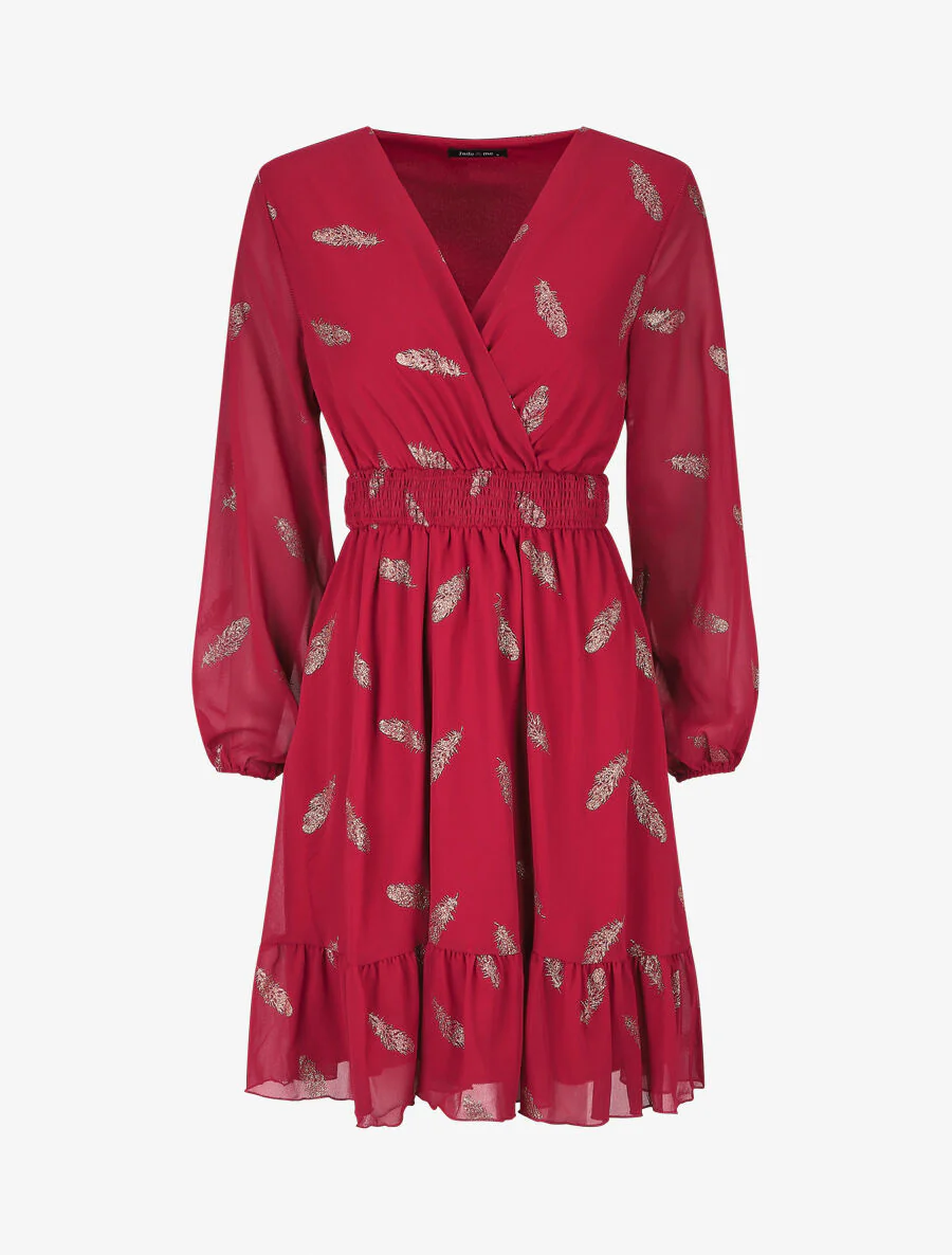 Halflange jurk met gouden verenprint - Bordeauxrood