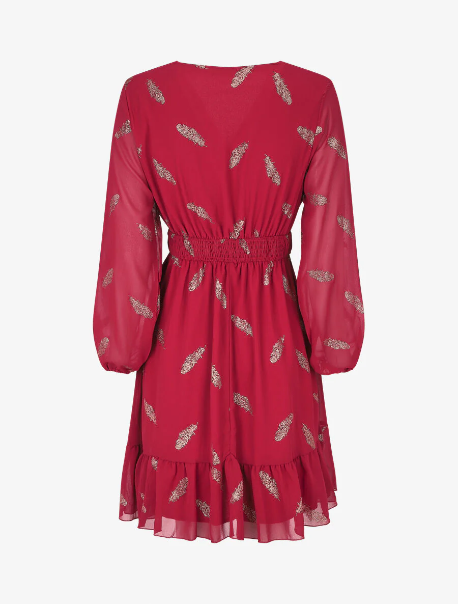 Halflange jurk met gouden verenprint - Bordeauxrood - Image 2