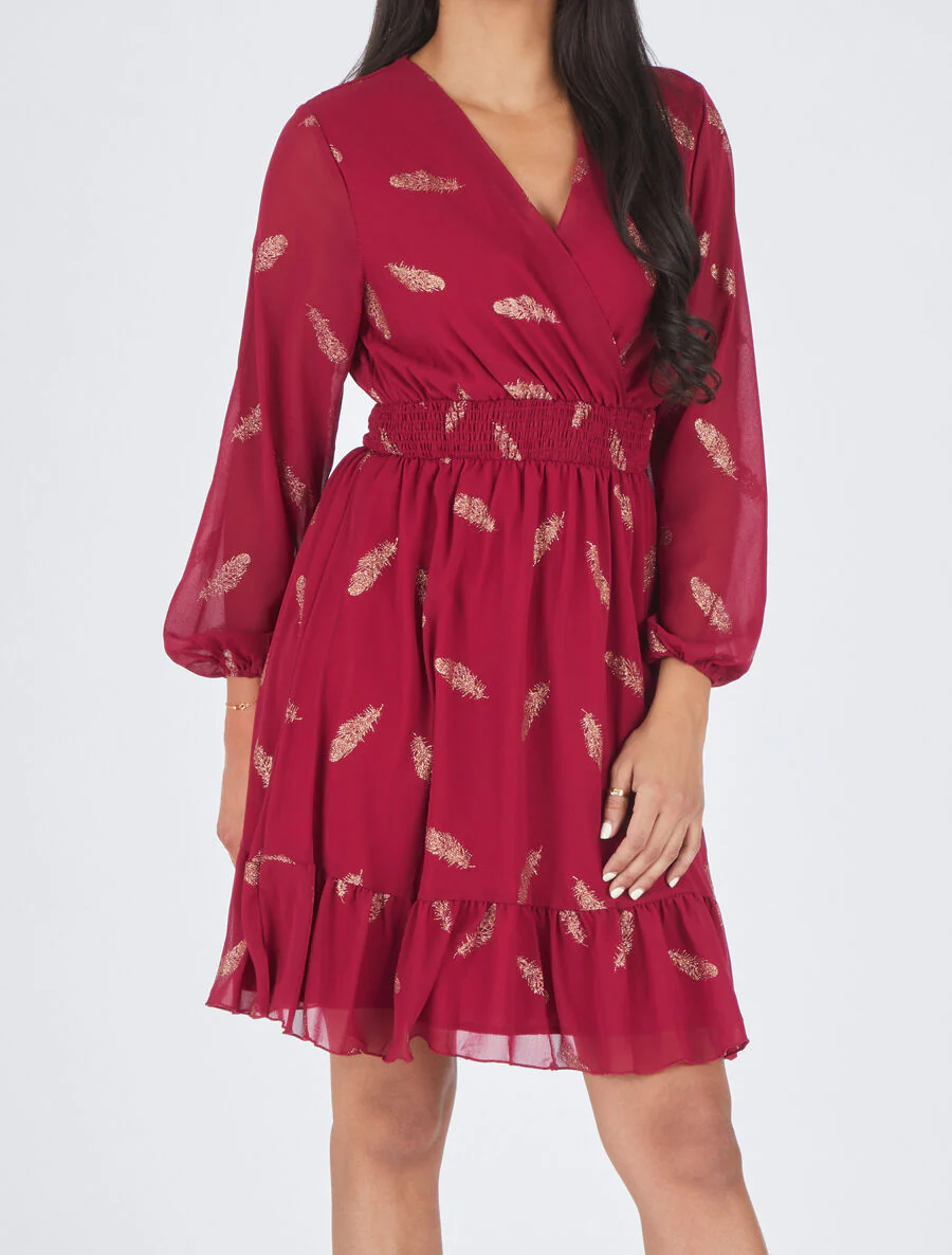 Halflange jurk met gouden verenprint - Bordeauxrood - Image 4