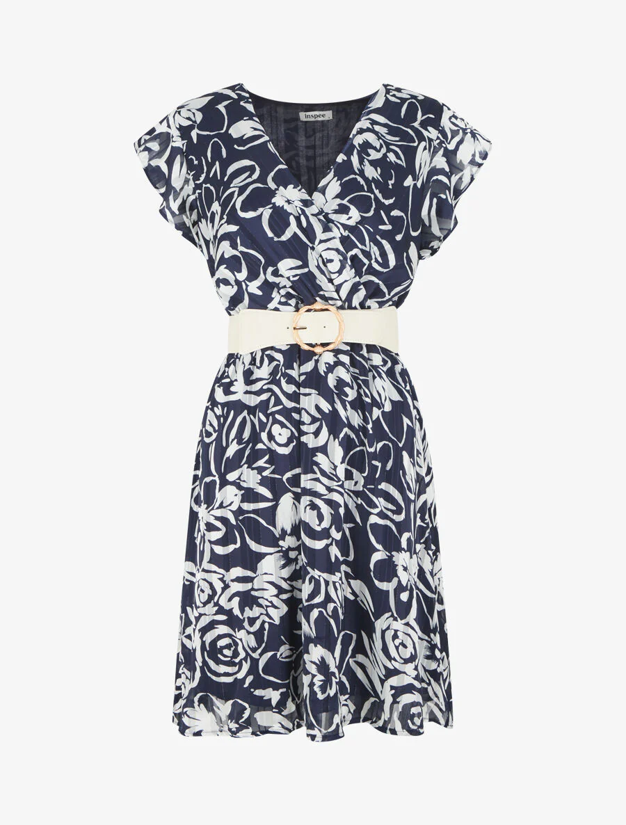 Halflange jurk met iriserende bloemenprint - Marineblauw