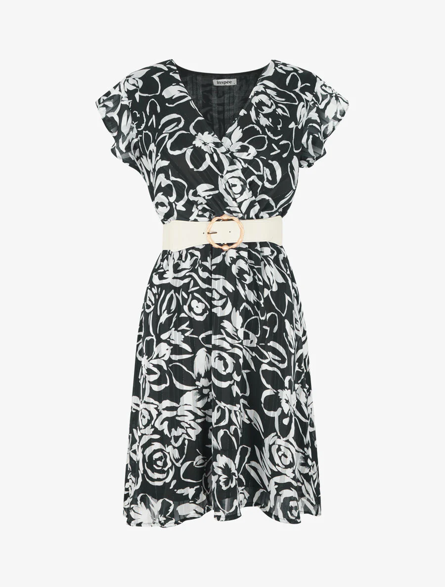 Halflange jurk met iriserende bloemenprint - zwart