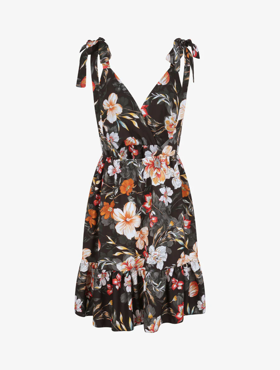 Halflange patinerende jurk met tropische bloemenprint - Zwart - Image 2