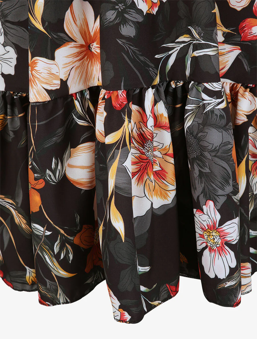 Halflange patinerende jurk met tropische bloemenprint - Zwart - Image 4