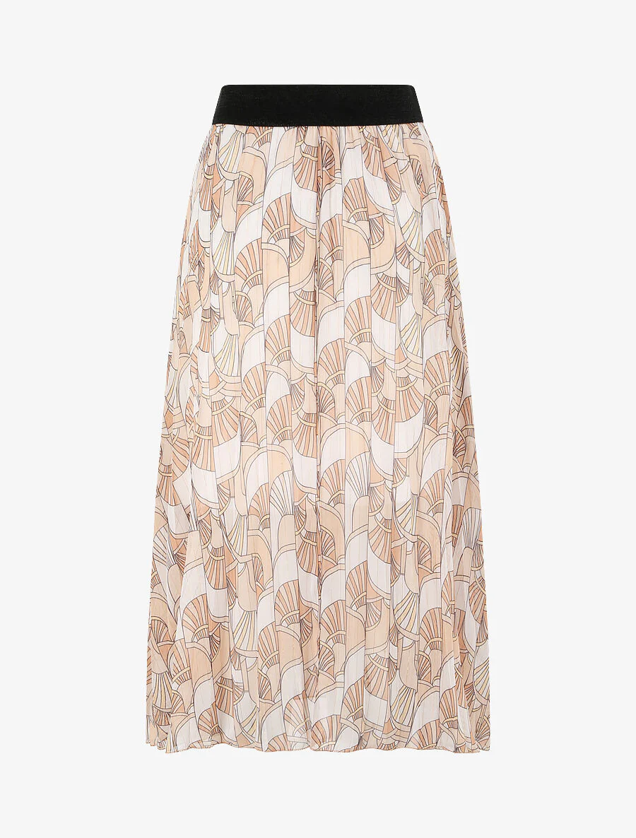 Halflange plooirok met uitlopende stijlventilatorprint - Beige - Image 2