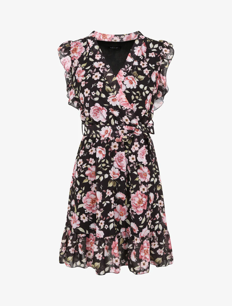Halflange rok met roze print - Zwart