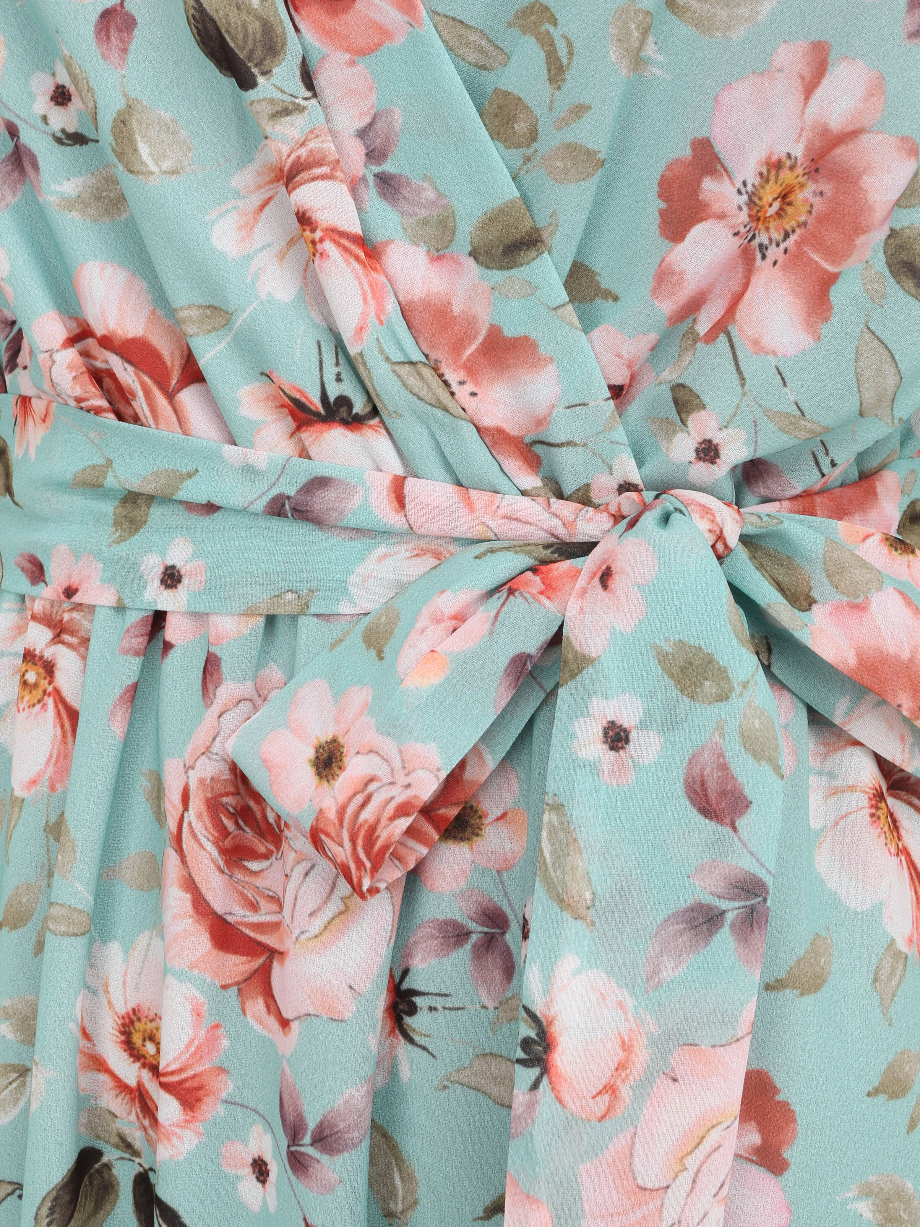 Halflange rok met roze print - Mintgroen - Image 3