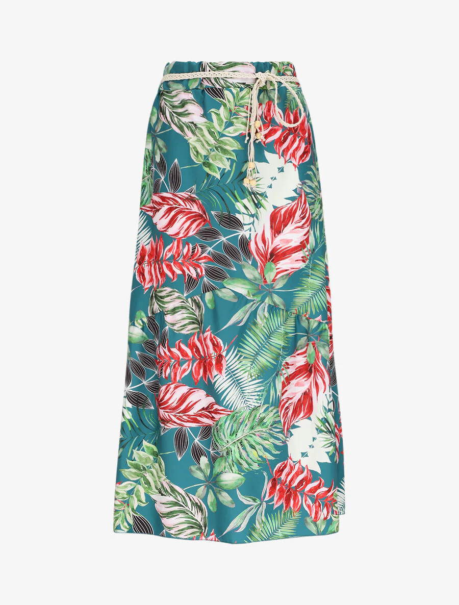 Halflange rok met V-naad en tropisch print - Eendblauw