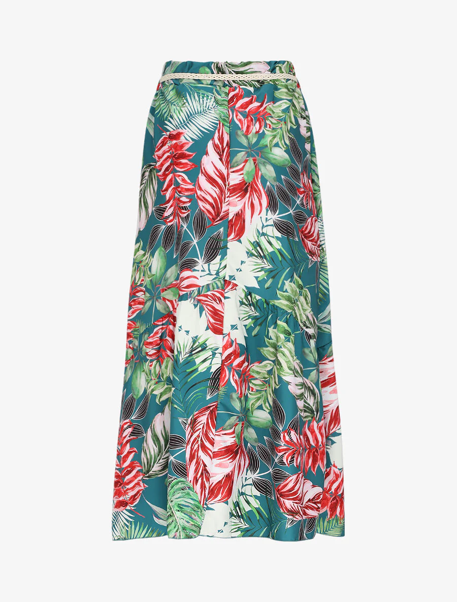 Halflange rok met V-naad en tropisch print - Eendblauw - Image 2