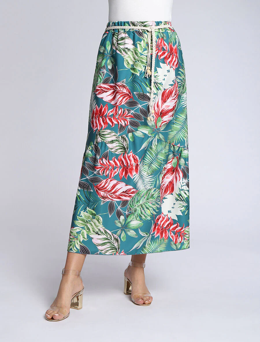 Halflange rok met V-naad en tropisch print - Eendblauw - Image 4