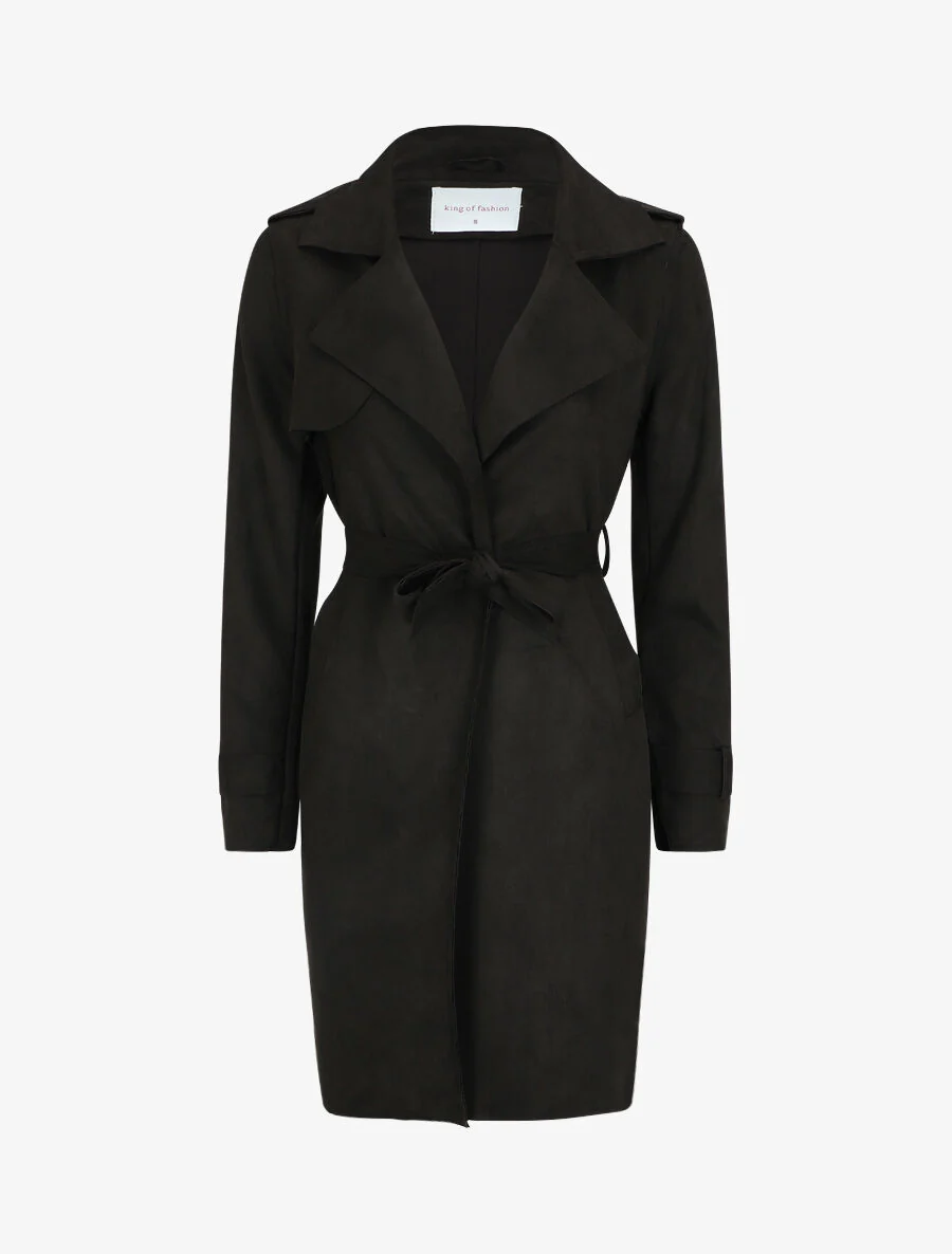 Halflange suède trenchcoat - Zwart