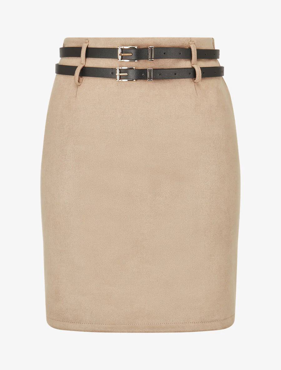 Halflange suedine rok met dubbele riemlussen - Beige