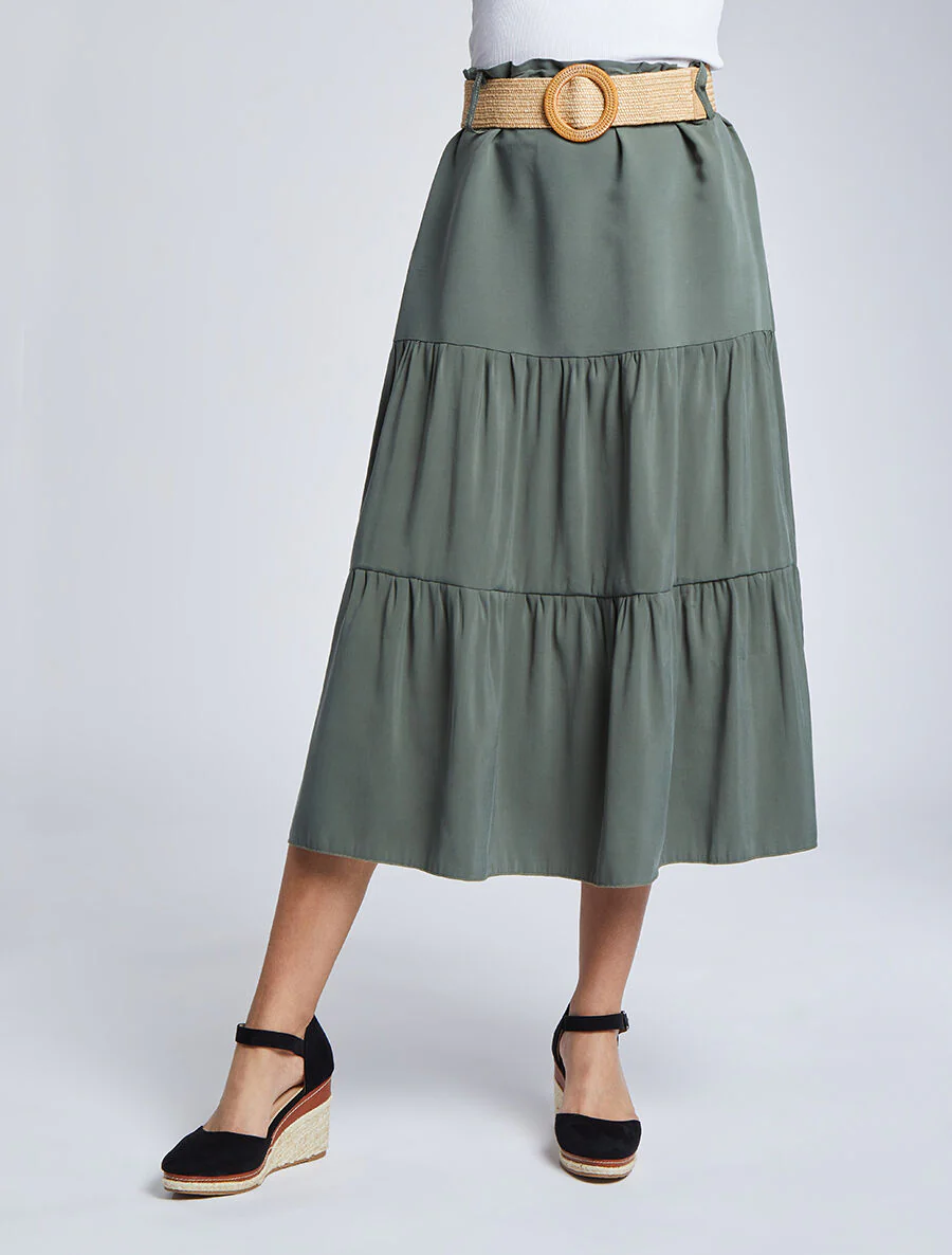 Halflange trapèze rok met papieren zak taille - Kakigroen - Image 4