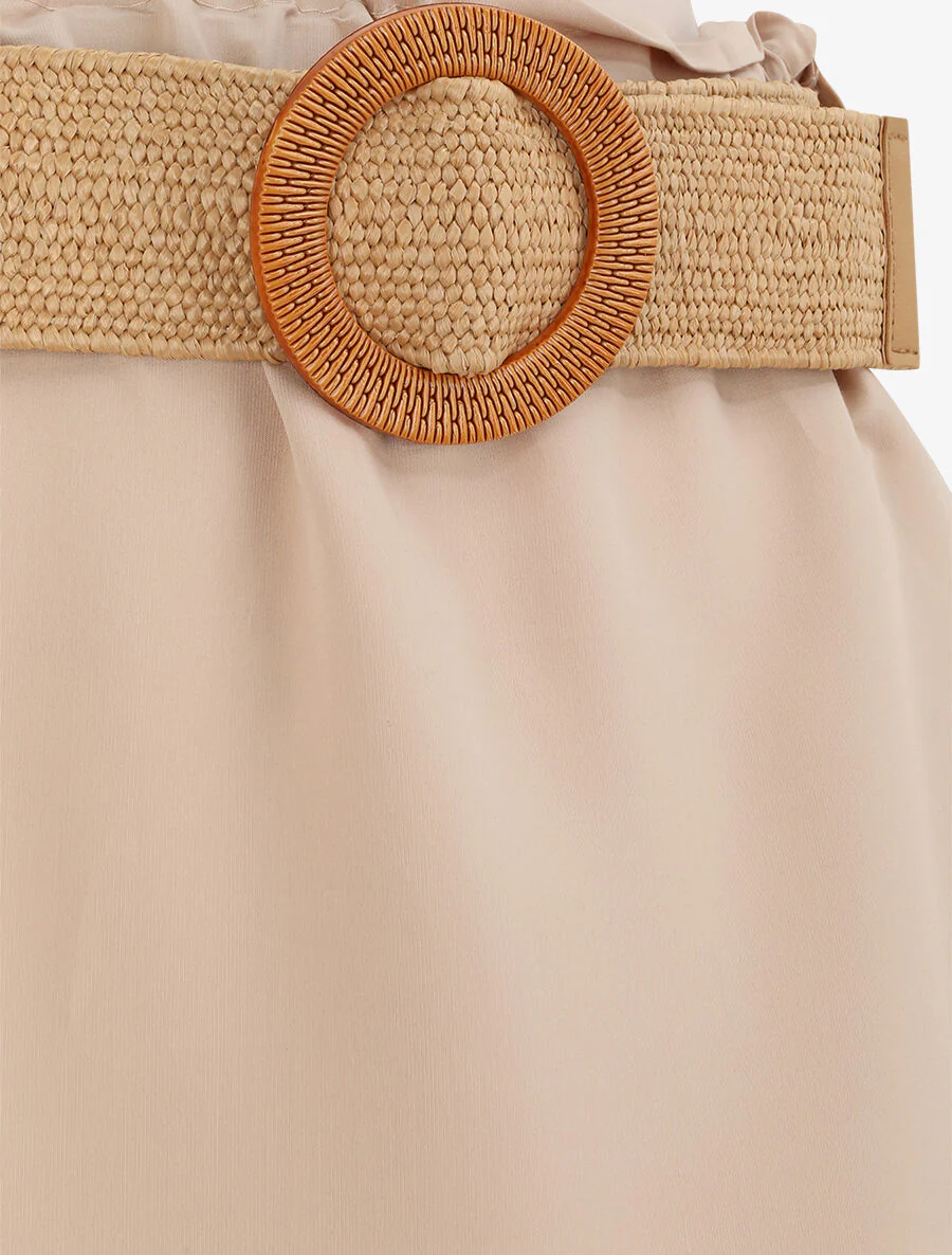 Halflange trapèze rok met papieren zak taille - Beige - Image 4