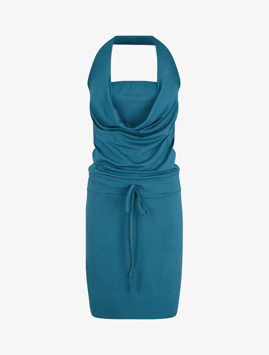 Halterjurk met watervalhals - Eendblauw