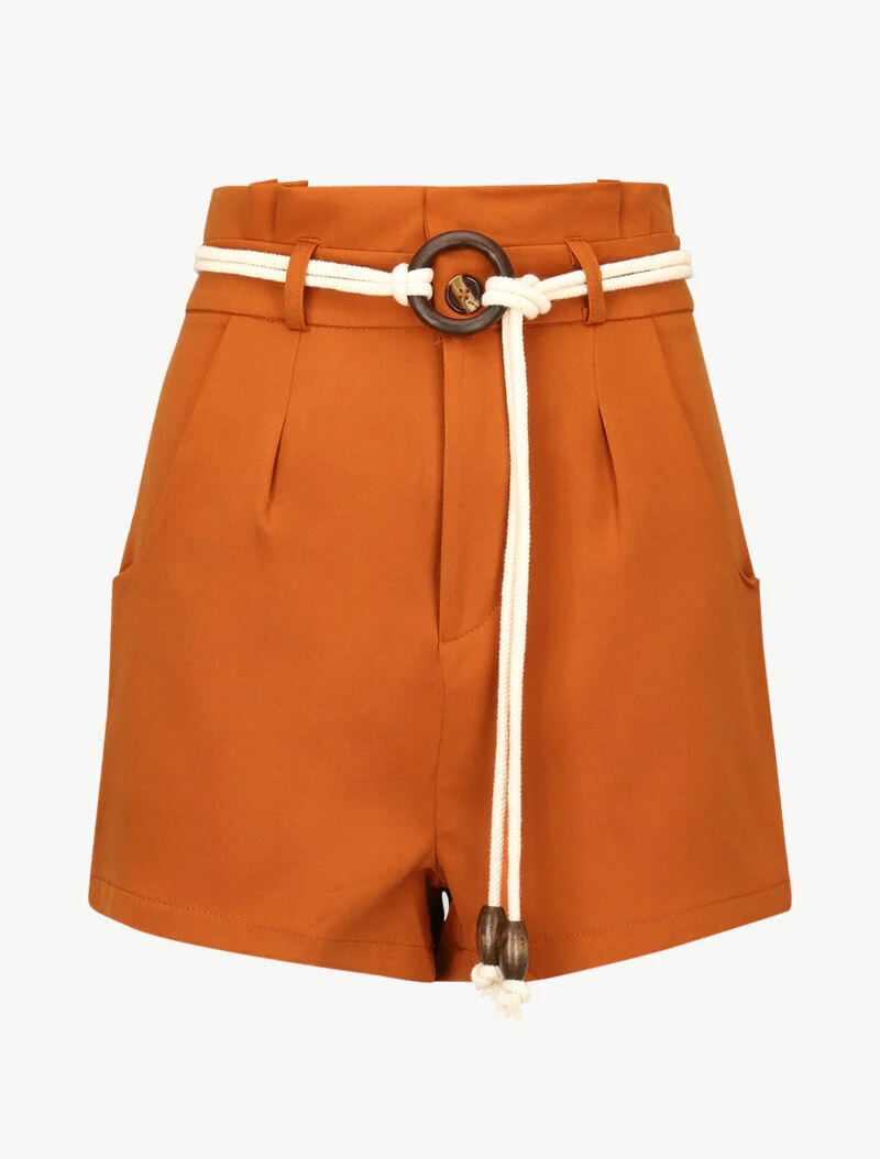 Hoge taille basic short met paperbag-detail - oranje - Image 3